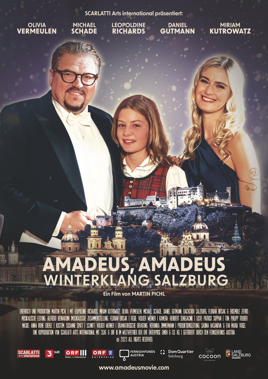Film poster for AMADEUS, AMADEUS – SOUND OF WINTER SALZBURG with Olivia Vermeulen, Michael Schade, Leopoldine Richards, Daniel Gutmann and Miriam Kutrowatz