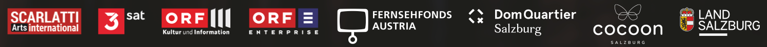 Logos: SCARLATTI Arts international, 3sat, ORF III, ORF-Enterprise, Fernsehfonds Austria, DomQuartier Salzburg, cocoon, Land Salzburg